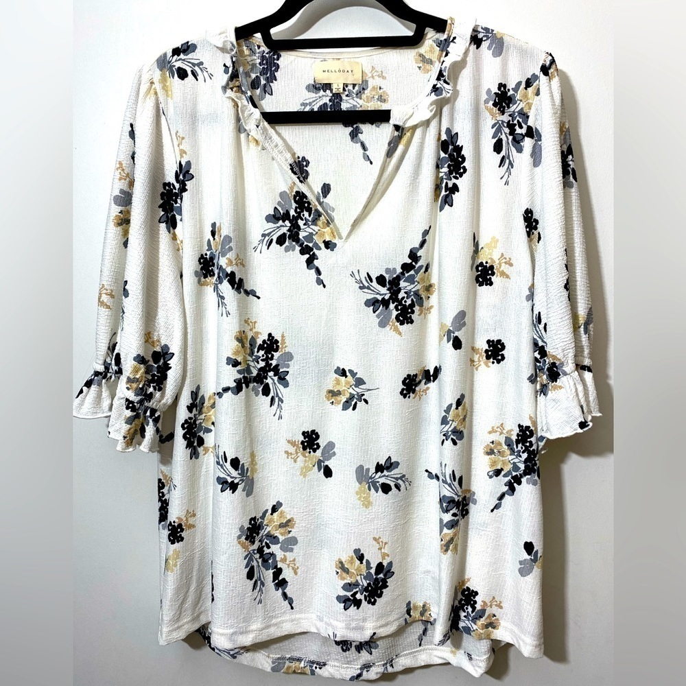 Melloday shirt top blouse gathered shirt sleeve round collar with v neck   N-03
